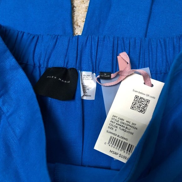 Alex Marie $109 Womens Wide-Leg Blue Pants Linen Blend Elastic Waist Sm NWT - Picture 6 of 6